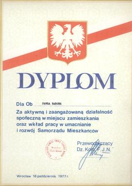 Dyplom za działalność społeczną