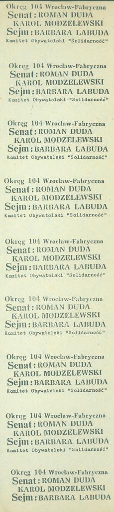 Okręg 104 Wrocław-Fabryczna. Senat: Roman Duda, Karol Modzelewski, Sejm: Barbara Labuda