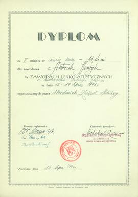 Dyplom za II miejsce w rzucie kulą dla zawodnika Antczak Henryk w Zawodach Lekko-Atletycznych o M...