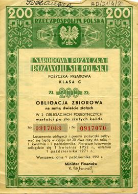 Narodowa Pożyczka Rozwoju Sił Polski ... Obligacja Zbiorowa na sumę dwieście złotych