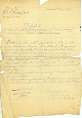 Protokół spisany dnia 6 III 1946 r. w sprawie wejścia na minę przez torowego Grzesiaka Szczepana
