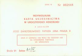 Indywidualna karta uczestnictwa w uroczystości kościelnej z udziałem Jego Świątobliwości papieża ...